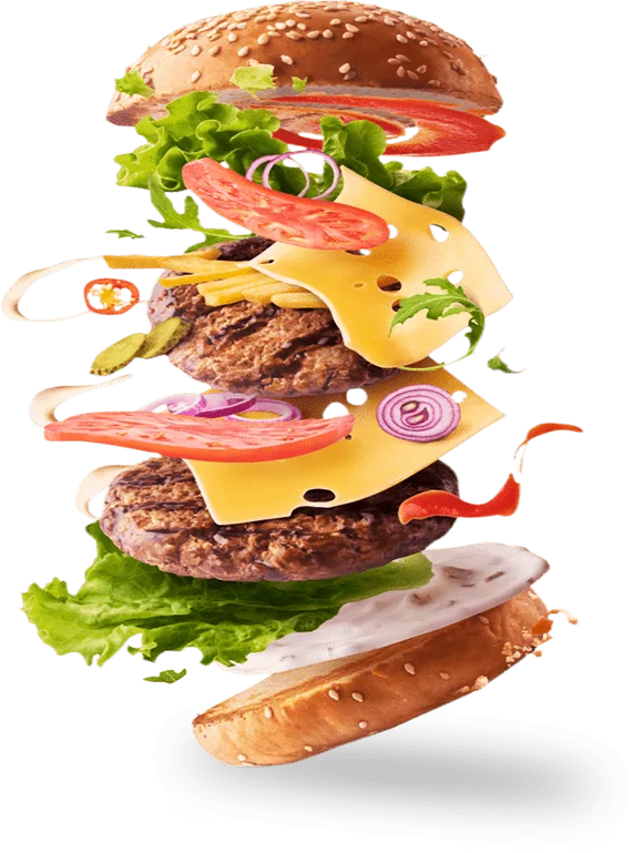 Hamburgare och pizza med färska ingredienser